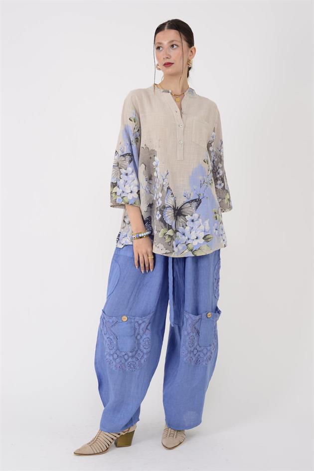 15455F-87 BUTTERFLY ÇİÇEK DESEN GÖMLEK