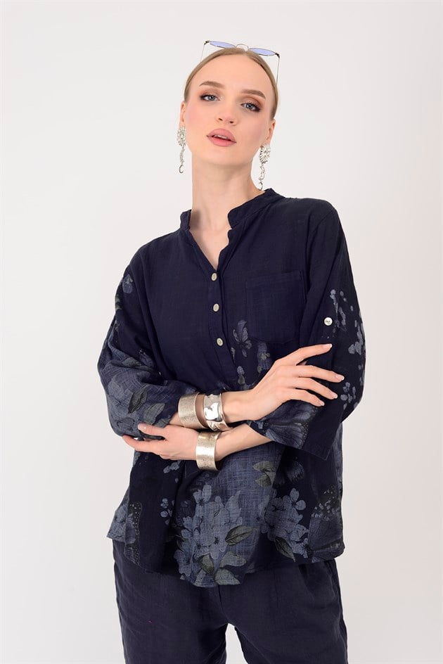 15455F-87 BUTTERFLY ÇİÇEK DESEN GÖMLEK