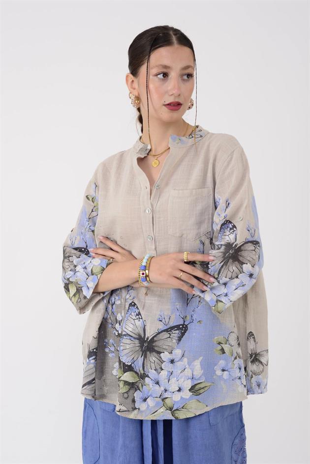 15455F-87 BUTTERFLY ÇİÇEK DESEN GÖMLEK