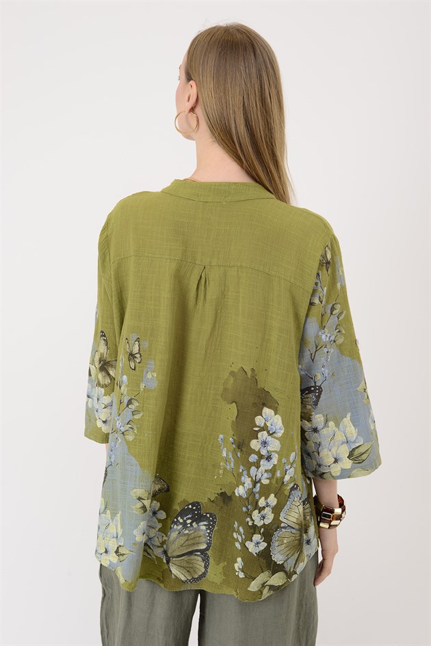 15455F-87 BUTTERFLY ÇİÇEK DESEN GÖMLEK