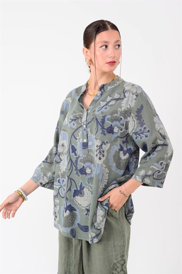 15455F-88 OTANTİK DESEN ÜÇ DÜĞMELİ GÖMLEK