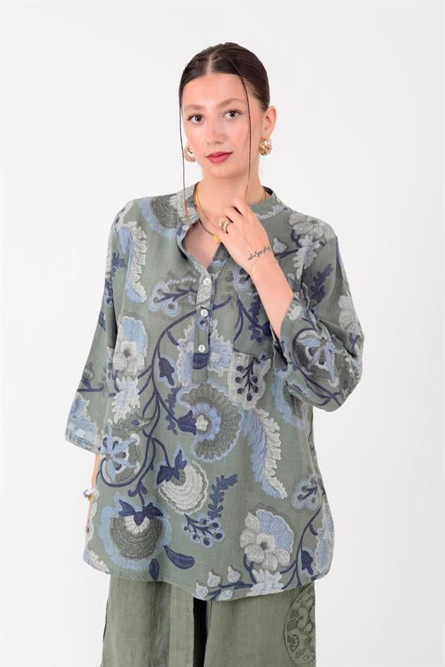 15455F-88 OTANTİK DESEN ÜÇ DÜĞMELİ GÖMLEK