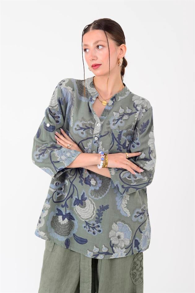 15455F-88 OTANTİK DESEN ÜÇ DÜĞMELİ GÖMLEK