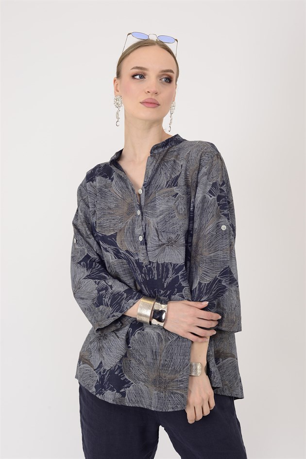 15455F-90 KADİFE ÇİÇEKLER DESEN GÖMLEK