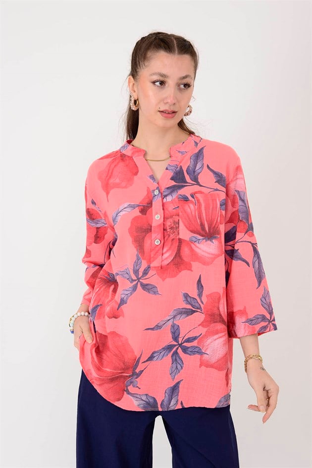 15455F-92 DALLI ÇİÇEK DESEN GÖMLEK