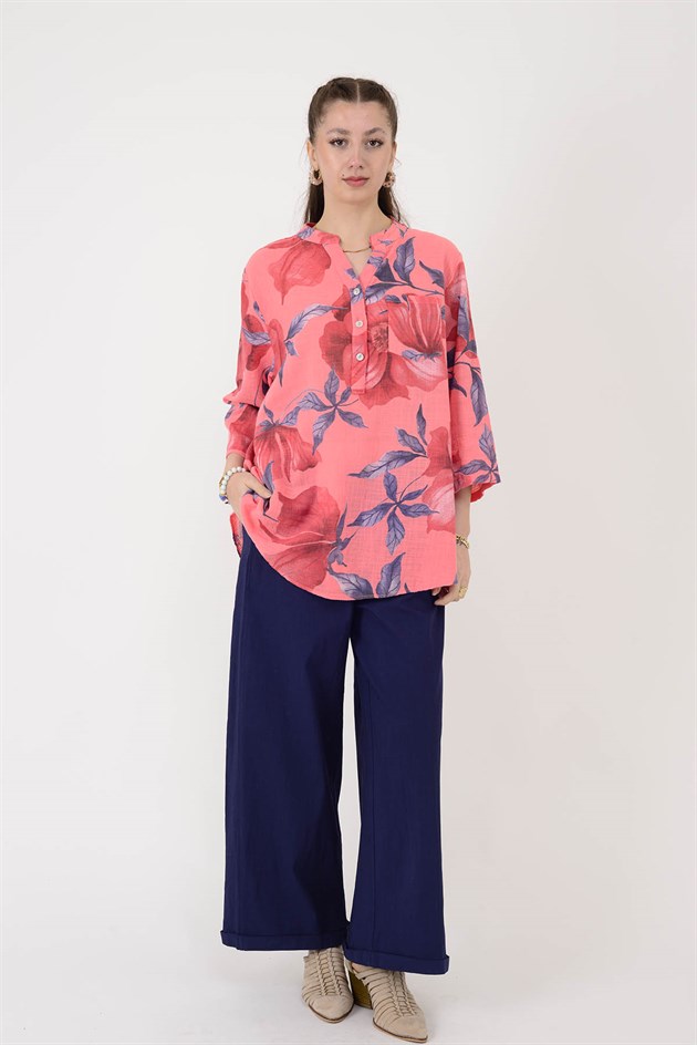 15455F-92 DALLI ÇİÇEK DESEN GÖMLEK