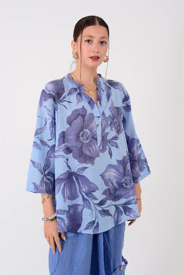 15455F-92 DALLI ÇİÇEK DESEN GÖMLEK