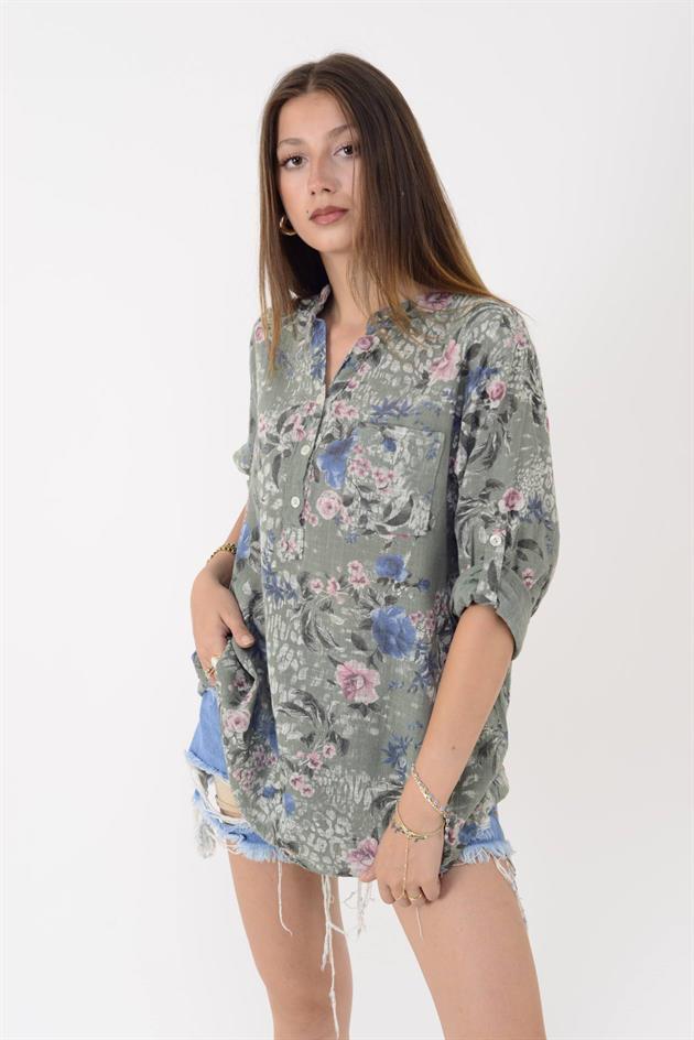 15455F-98 KIR ÇİÇEĞİ DESEN GÖMLEK