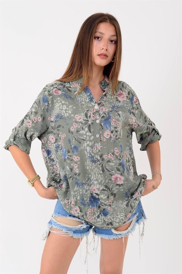 15455F-98 KIR ÇİÇEĞİ DESEN GÖMLEK