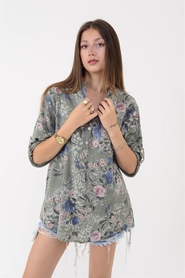 15455F-98 KIR ÇİÇEĞİ DESEN GÖMLEK