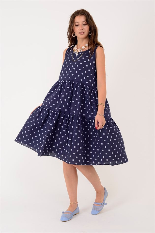 16578 MINNIE PUANTİYE DESEN VOLANLI KOLSUZ KISA ELBİSE