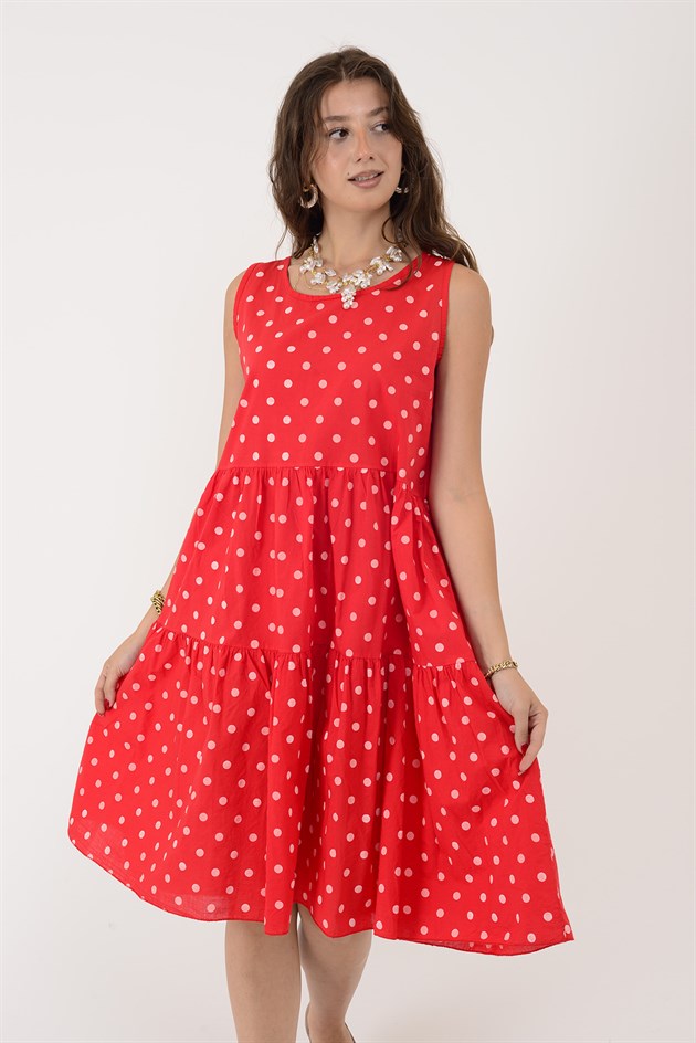16578 MINNIE PUANTİYE DESEN VOLANLI KOLSUZ KISA ELBİSE