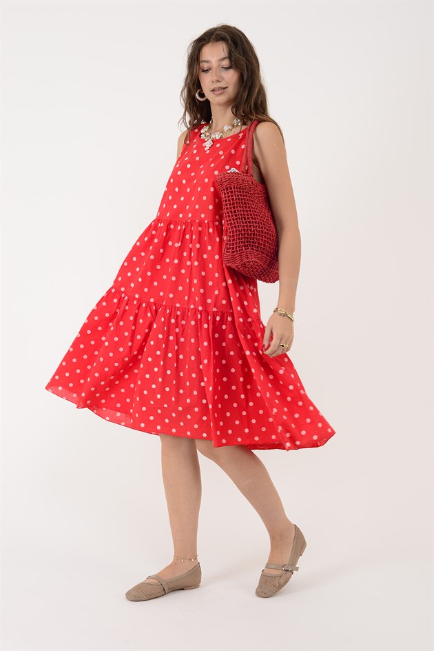 16578 MINNIE PUANTİYE DESEN VOLANLI KOLSUZ KISA ELBİSE