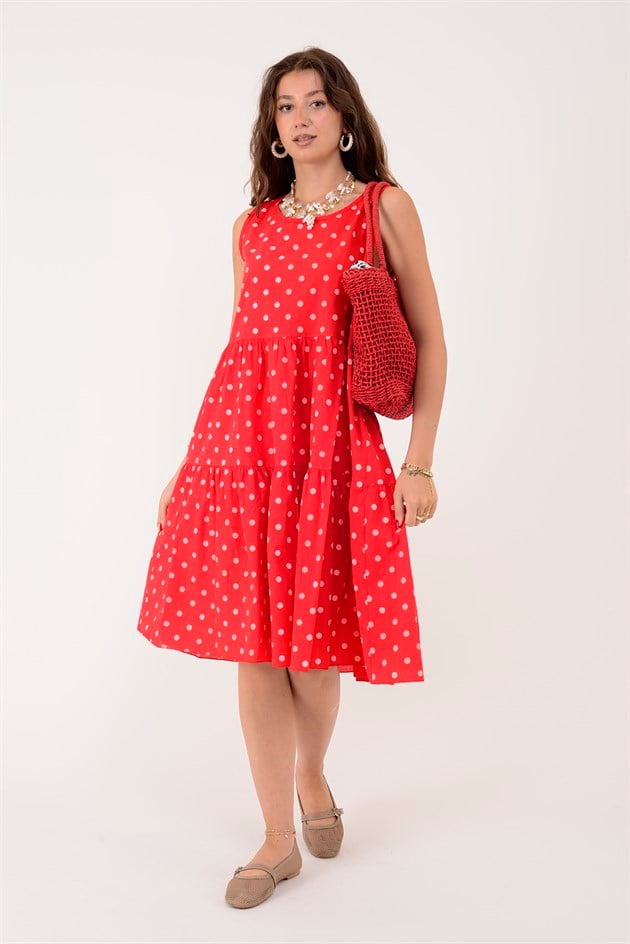 16578 MINNIE PUANTİYE DESEN VOLANLI KOLSUZ KISA ELBİSE