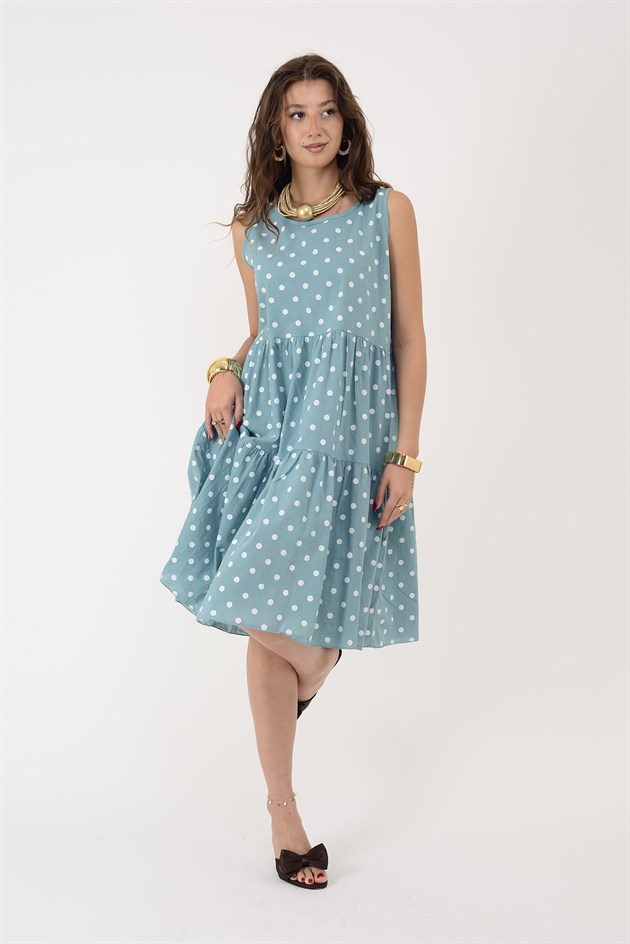 16578 MINNIE PUANTİYE DESEN VOLANLI KOLSUZ KISA ELBİSE