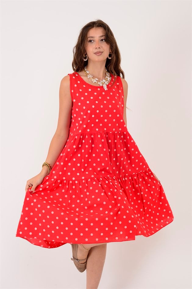 16578 MINNIE PUANTİYE DESEN VOLANLI KOLSUZ KISA ELBİSE