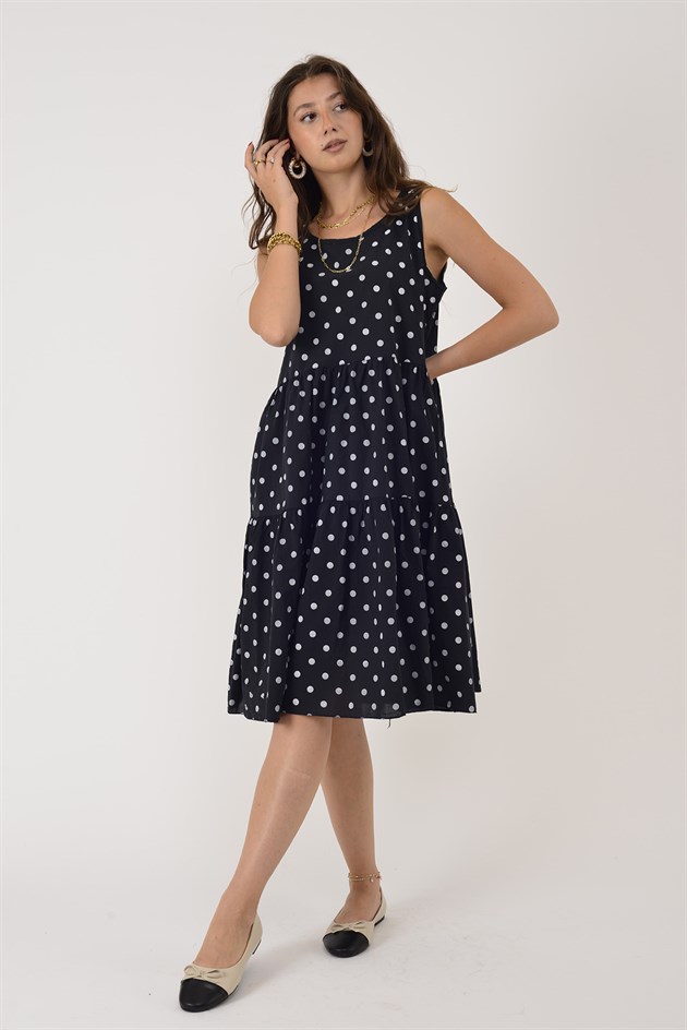 16578 MINNIE PUANTİYE DESEN VOLANLI KOLSUZ KISA ELBİSE