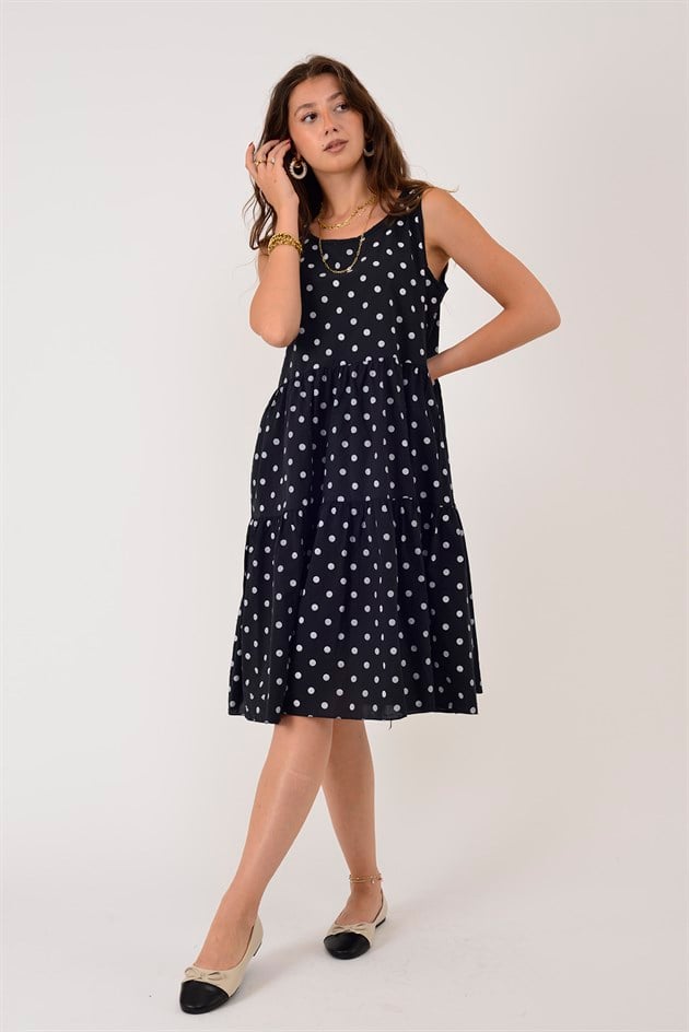 16578 MINNIE PUANTİYE DESEN VOLANLI KOLSUZ KISA ELBİSE