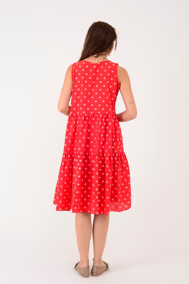 16578 MINNIE PUANTİYE DESEN VOLANLI KOLSUZ KISA ELBİSE