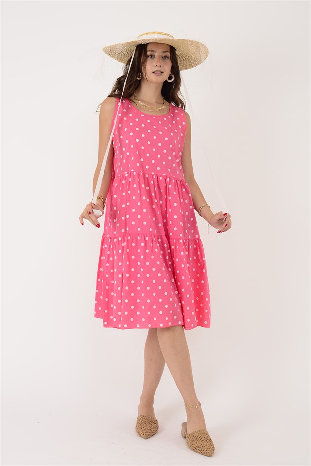 16578 MINNIE PUANTİYE DESEN VOLANLI KOLSUZ KISA ELBİSE