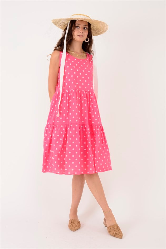 16578 MINNIE PUANTİYE DESEN VOLANLI KOLSUZ KISA ELBİSE