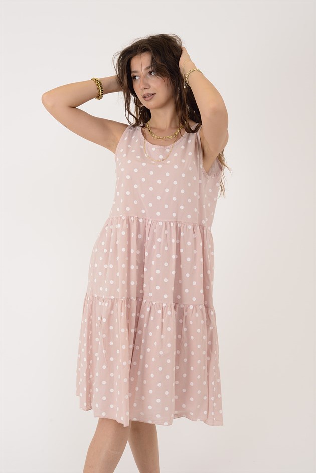 16578 MINNIE PUANTİYE DESEN VOLANLI KOLSUZ KISA ELBİSE
