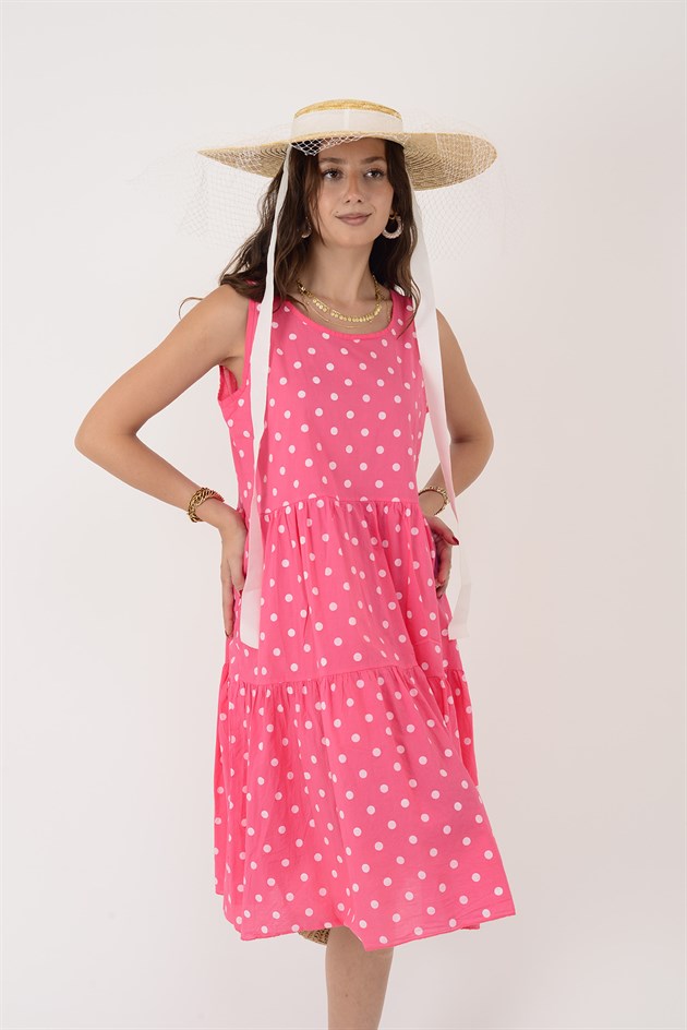 16578 MINNIE PUANTİYE DESEN VOLANLI KOLSUZ KISA ELBİSE