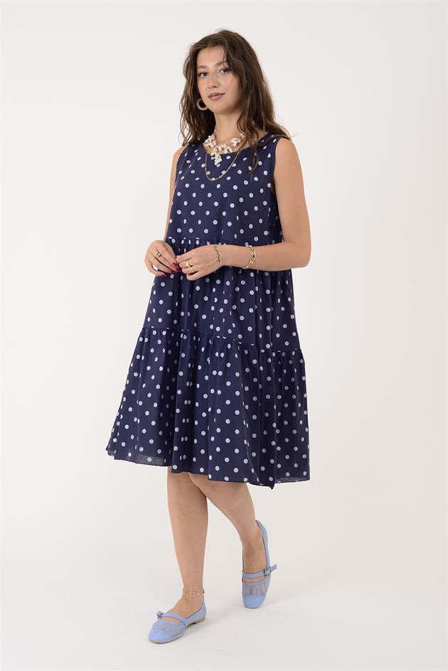 16578 MINNIE PUANTİYE DESEN VOLANLI KOLSUZ KISA ELBİSE