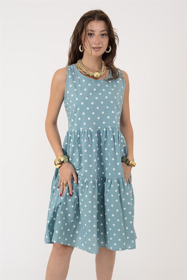 16578 MINNIE PUANTİYE DESEN VOLANLI KOLSUZ KISA ELBİSE