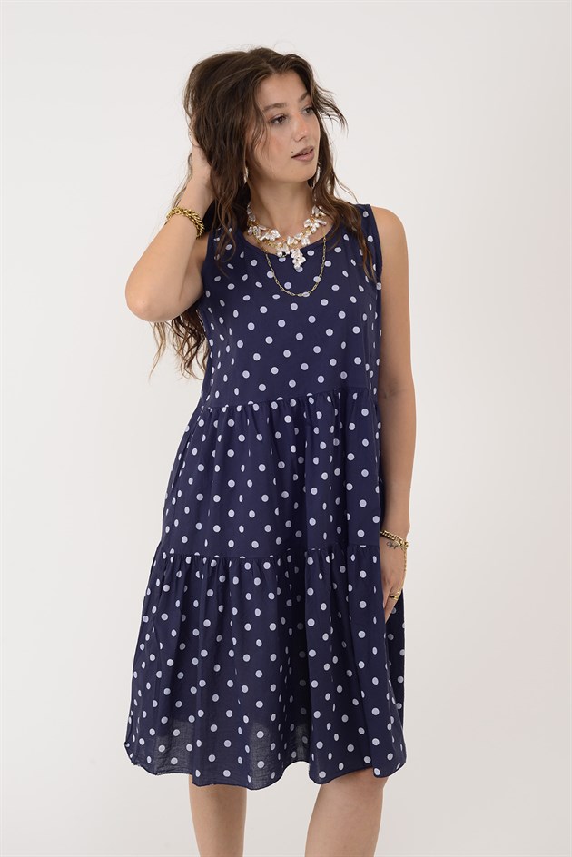 16578 MINNIE PUANTİYE DESEN VOLANLI KOLSUZ KISA ELBİSE