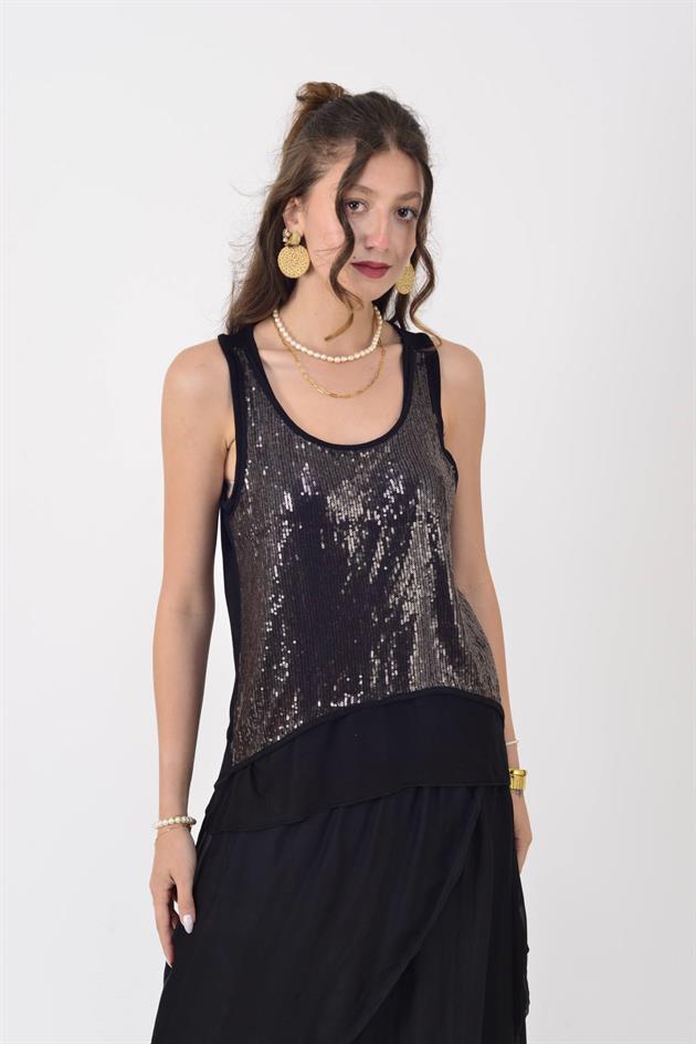 1684 PAYET DETAYLI ASTARLI KOLSUZ BLUZ