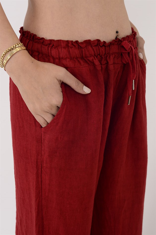 18116 BELİ LASTİKLİ PALAZZO KETEN PANTOLON