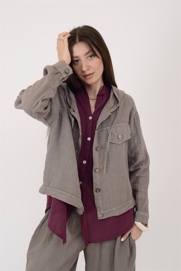 18131 KAPÜŞON DETAYLI KETEN CEKET