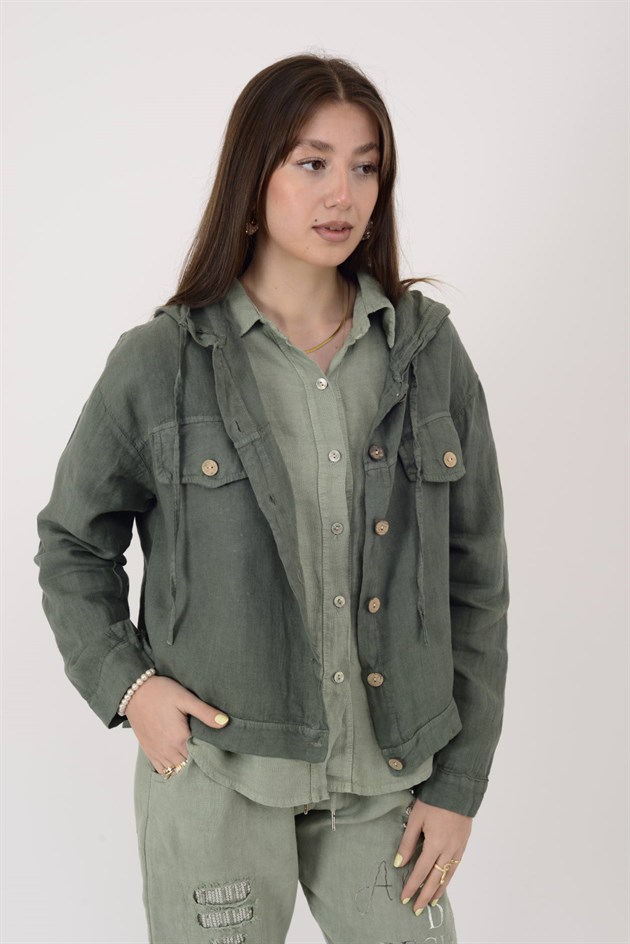 18131 KAPÜŞON DETAYLI KETEN CEKET