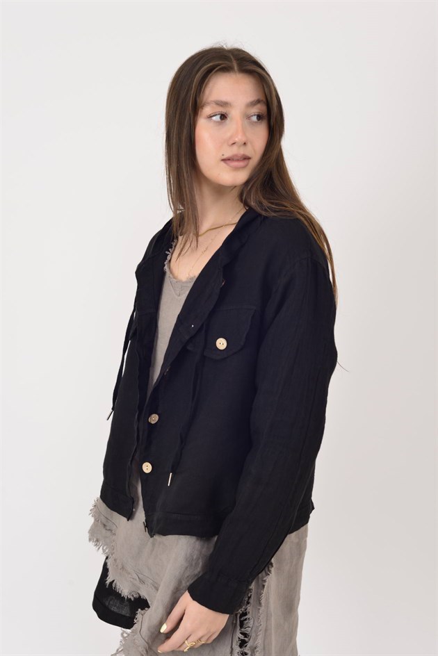 18131 KAPÜŞON DETAYLI KETEN CEKET