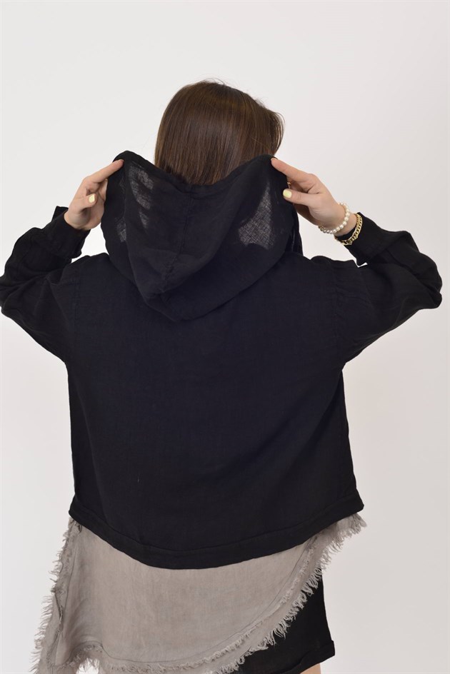 18131 KAPÜŞON DETAYLI KETEN CEKET