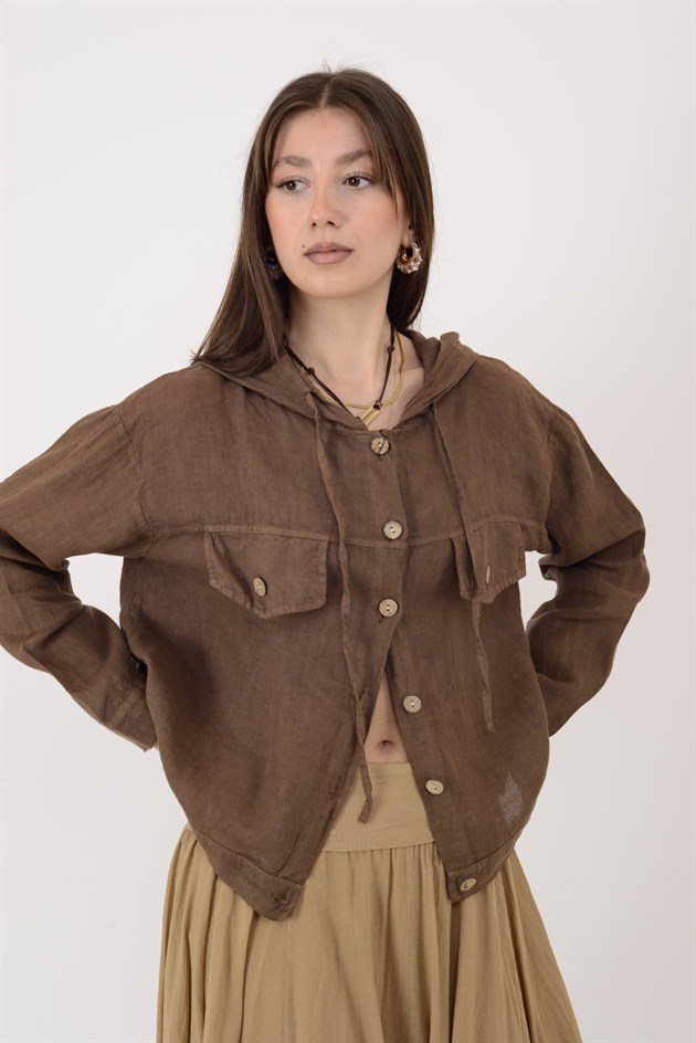 18131 KAPÜŞON DETAYLI KETEN CEKET