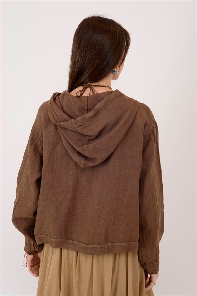 18131 KAPÜŞON DETAYLI KETEN CEKET