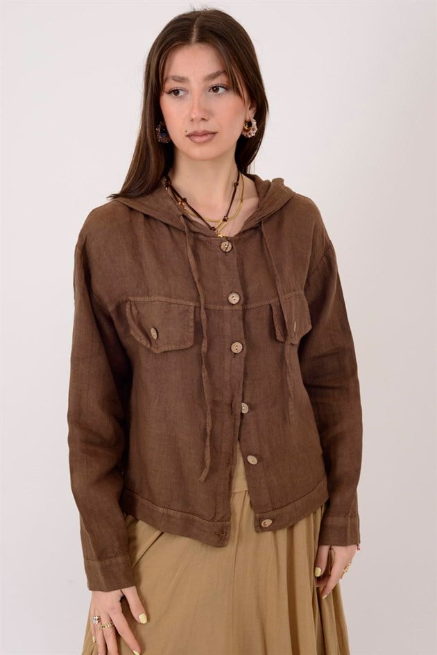 18131 KAPÜŞON DETAYLI KETEN CEKET