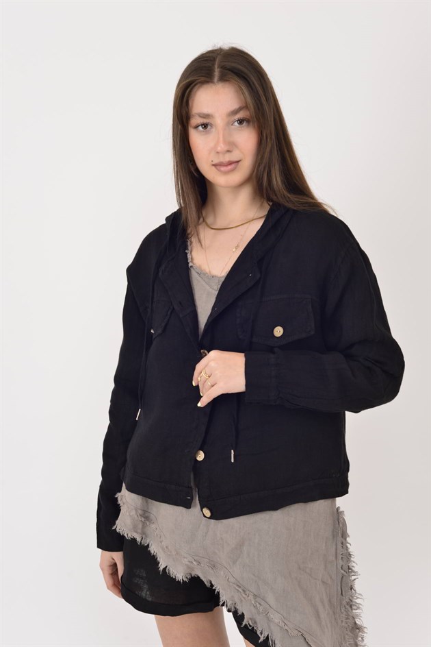 18131 KAPÜŞON DETAYLI KETEN CEKET