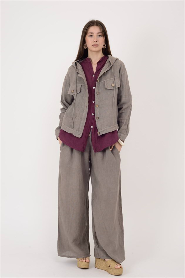 18131 KAPÜŞON DETAYLI KETEN CEKET