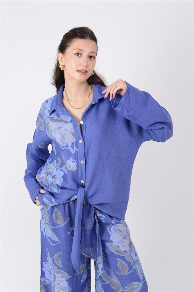 19-21 BAĞLAMA DETAYLI ÇİÇEK DESEN 2Lİ KETEN TAKIM