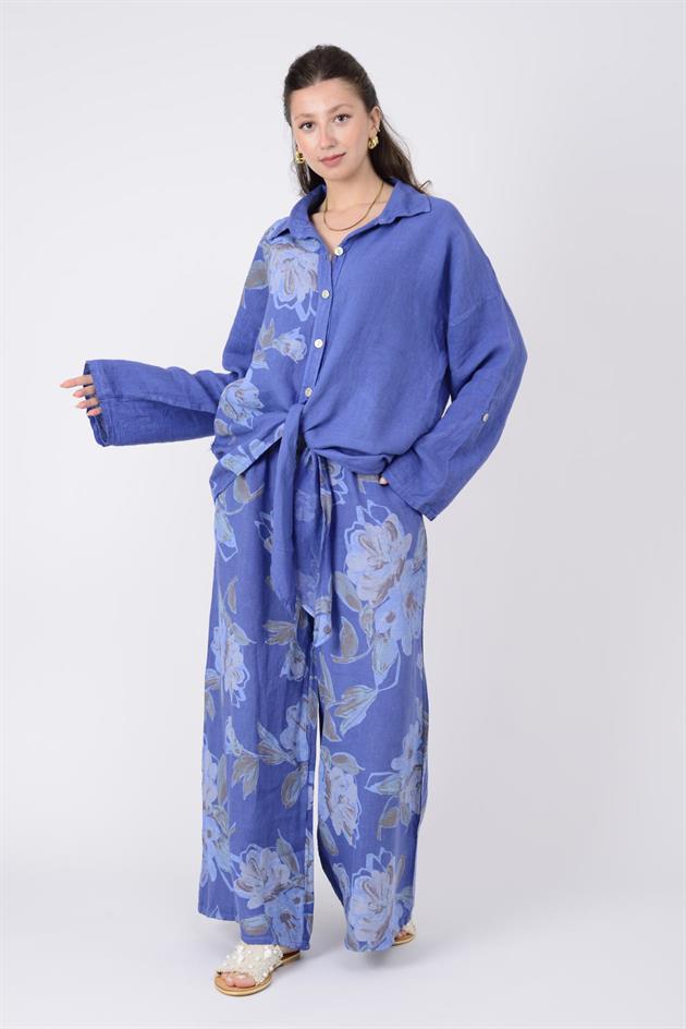 19-21 BAĞLAMA DETAYLI ÇİÇEK DESEN 2Lİ KETEN TAKIM