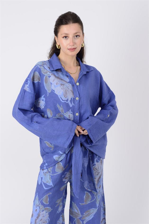 19-21 BAĞLAMA DETAYLI ÇİÇEK DESEN 2Lİ KETEN TAKIM