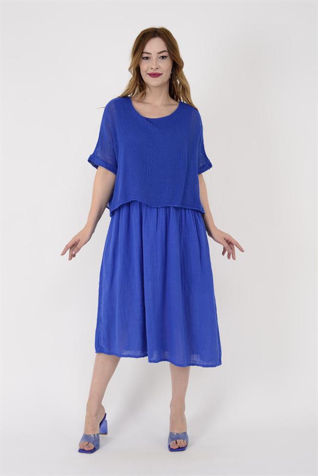 19056 DUAL KATLI KETEN ELBİSE