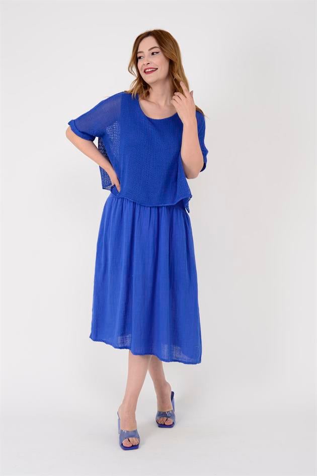 19056 DUAL KATLI KETEN ELBİSE