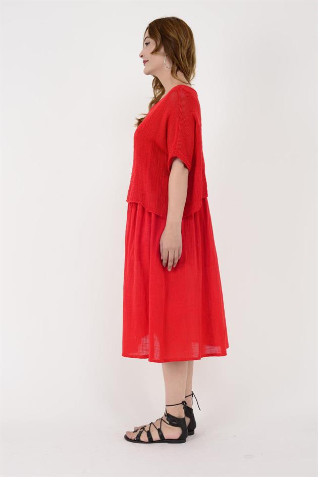 19056 DUAL KATLI KETEN ELBİSE