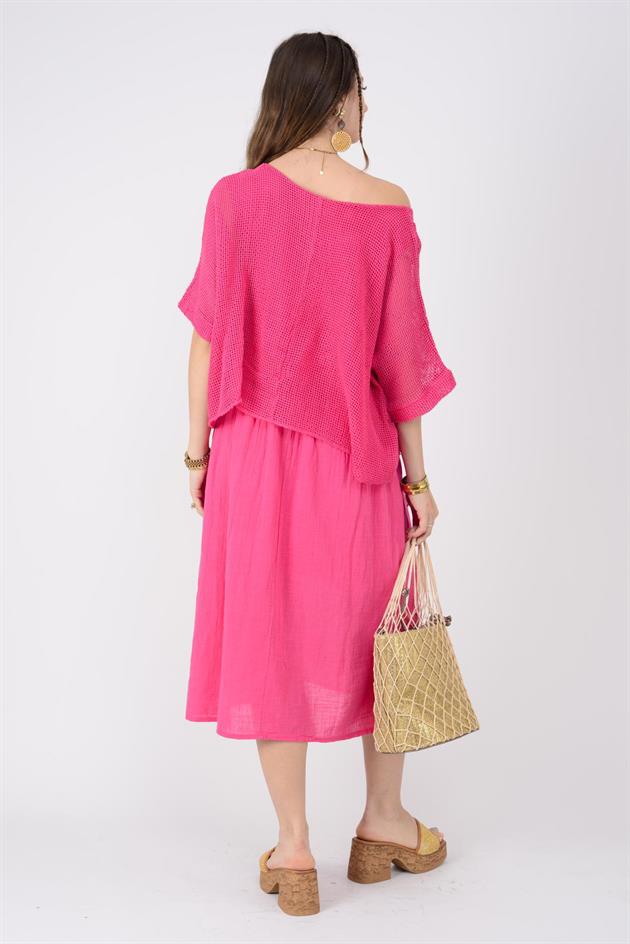 19056 DUAL KATLI KETEN ELBİSE