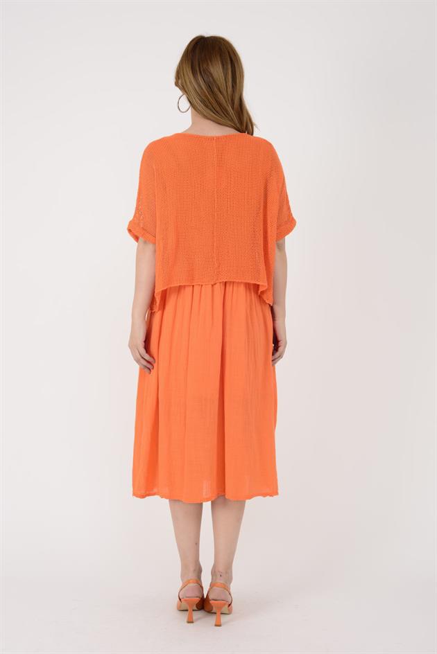 19056 DUAL KATLI KETEN ELBİSE