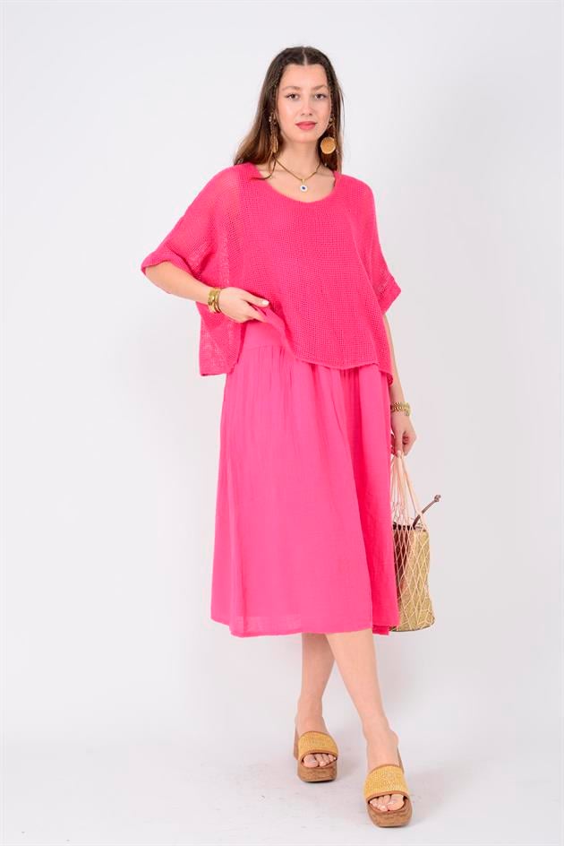 19056 DUAL KATLI KETEN ELBİSE